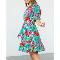 THML - Floral Short Sleeve Belt Tie Dress - Teal