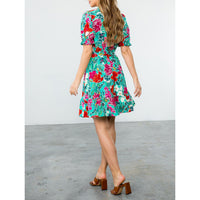 THML - Floral Short Sleeve Belt Tie Dress - Teal