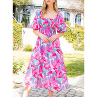 THML - Puff Sleeve Flower Print Dress - Pink