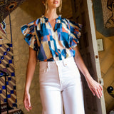 THML - Ruffle Sleeve Print Top - Blue