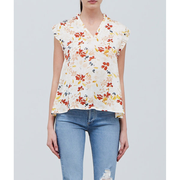 Grade & Gather - Floral Satin Ruffle Sleeve Top - Cream