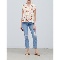 Grade & Gather - Floral Satin Ruffle Sleeve Top - Cream