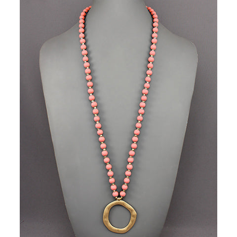 Coral Circle Pendant Bead Necklace