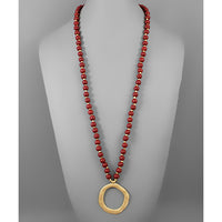 Burgundy Circle Pendant Bead Necklace