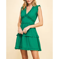 Pinch - V-Neck Ruffle Mini Dress - Green