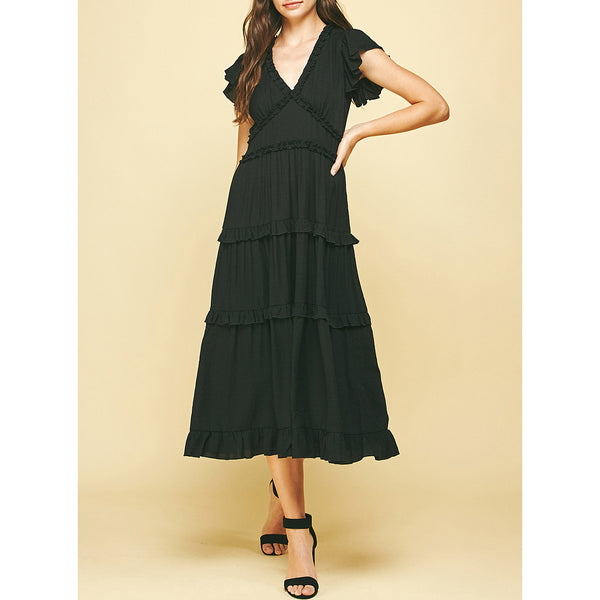 Pinch - Ruffled Tea Length Dress - Black