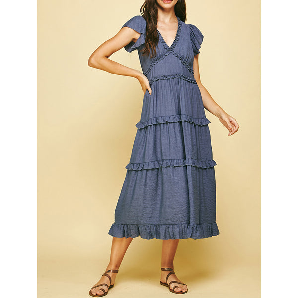 Pinch - Ruffled Tea Length Dress - Dusty Navy