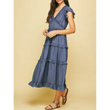 Pinch - Ruffled Tea Length Dress - Dusty Navy