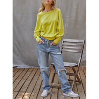 By Together -Round Neck Long Sleeve Stitch Detail Sweater - Neon Lime