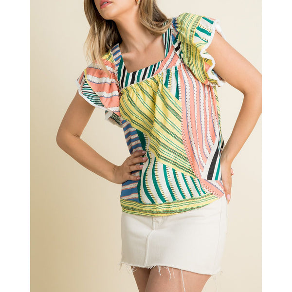 THML - Flutter Sleeve Mixed Print Top - Pink