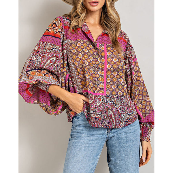 ee:some - Boho Puff Sleeve Top - Hot Pink/Red