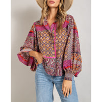 ee:some - Boho Puff Sleeve Top - Hot Pink/Red