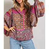 ee:some - Boho Puff Sleeve Top - Hot Pink/Red