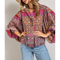 ee:some - Boho Puff Sleeve Top - Hot Pink/Red