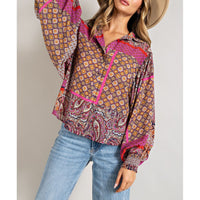 ee:some - Boho Puff Sleeve Top - Hot Pink/Red