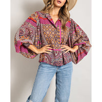 ee:some - Boho Puff Sleeve Top - Hot Pink/Red