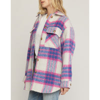 Entro - Fuzzy Plaid Button Up Jacket - Pink Blue