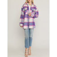 Entro - Fuzzy Plaid Button Up Jacket - Pink Blue