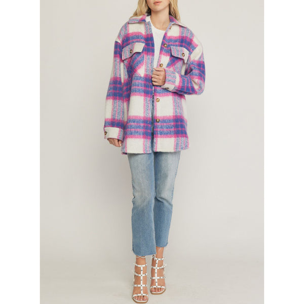 Entro - Fuzzy Plaid Button Up Jacket - Pink Blue