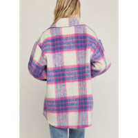 Entro - Fuzzy Plaid Button Up Jacket - Pink Blue